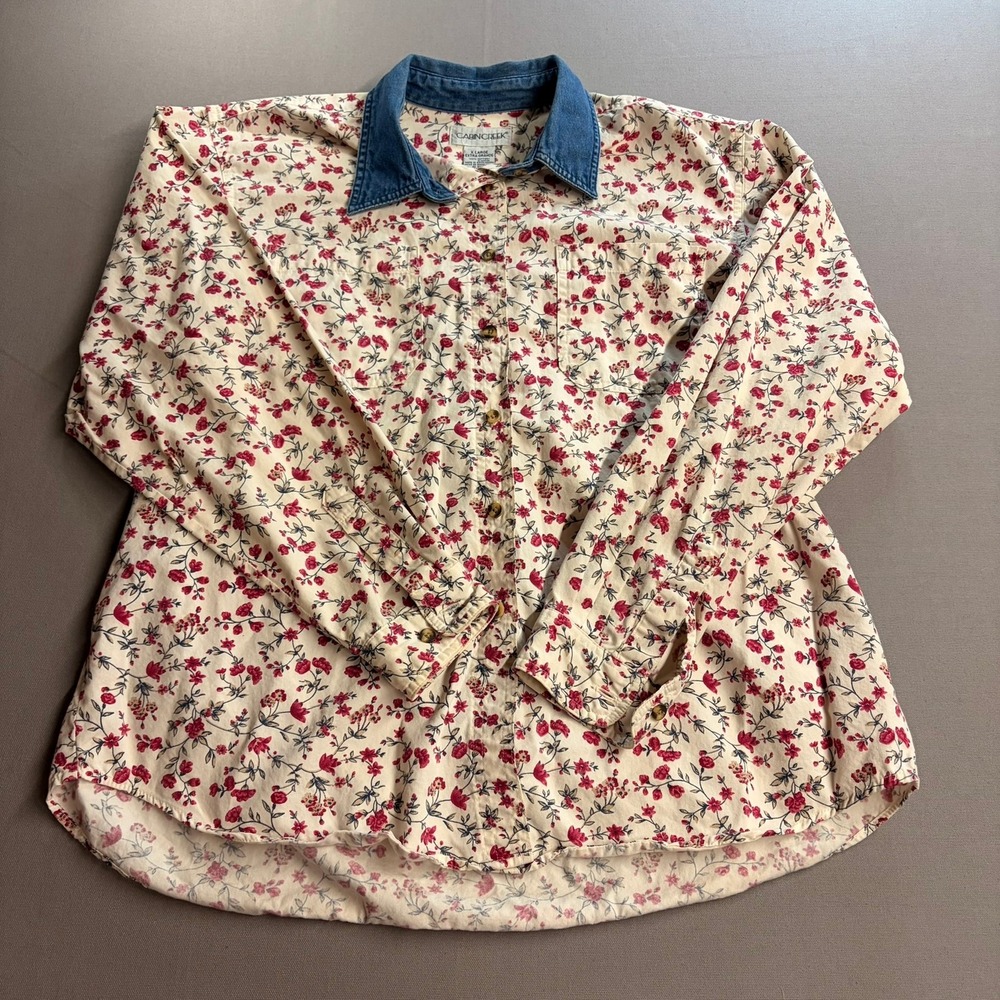 Cabin Creek Women XL Floral Button Up Shirt Denim Collar Cotton Red Blue Cream